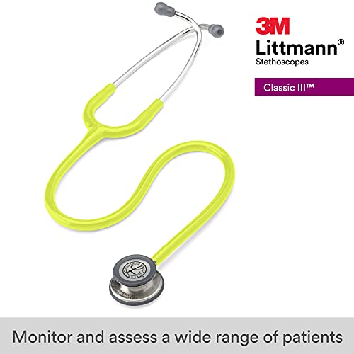 3M Littmann Classic III Monitoring Stethoscope, 5839, More Than 2X as Loud, Weighs Less, Stainless Steel Chestpiece, 27" Lemon-Lime Tube