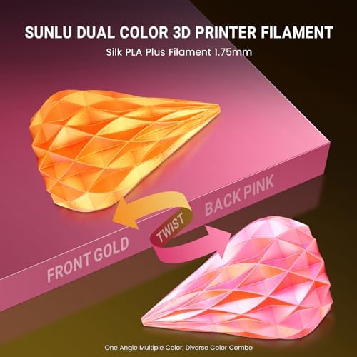 SUNLU Silk Dual Color Pla Filament, Silk PLA 3D Printer Filament 1.75mm, Shiny Silk Texture, Dimensional Accuracy +/- 0.02mm, 1KG Spool (2.2 lbs), PLA Silk Dual Color (Pink Gold)