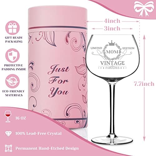 Gumry Gifts for Mom from Daughter Son, 16OZ Vintage Engraved Wine Glass Birthday Decorations Birthday Gifts Box Ideal for Women Mother