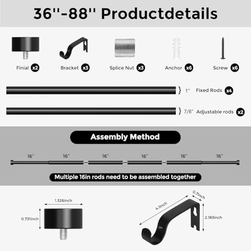 Curtain Rods for Windows 48 to 84 Inch(4-7 Feet),Black 1'' Diameter Drapery Rods with End Cap Style Design,Modern Adjustable Heavy Duty Curtain Rod,Size:36''-88''