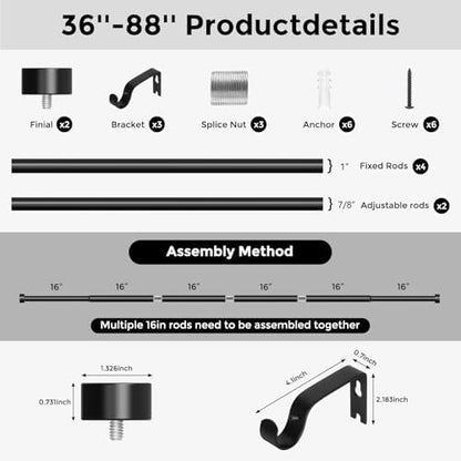 Curtain Rods for Windows 48 to 84 Inch(4-7 Feet),Black 1'' Diameter Drapery Rods with End Cap Style Design,Modern Adjustable Heavy Duty Curtain Rod,Size:36''-88''