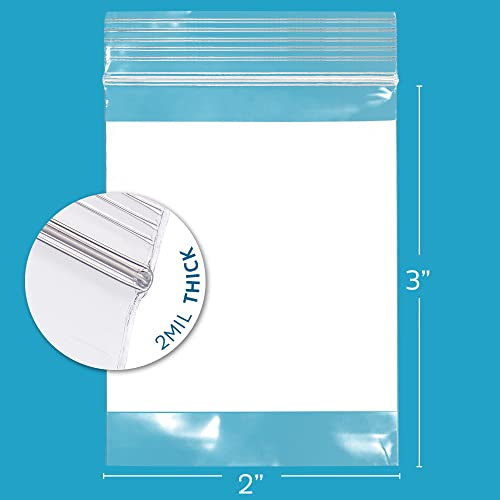 GPI Case of 1000 2" x 3" CLEAR PLASTIC RECLOSABLE ZIP BAGS - Bulk 2 mil Thick Strong & Durable Poly Baggies With Resealable Zipper Top Lock & write-on white block, for labeling, packaging & Storage.