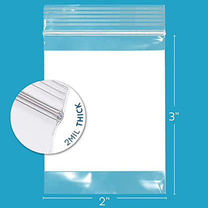 GPI Case of 1000 2" x 3" CLEAR PLASTIC RECLOSABLE ZIP BAGS - Bulk 2 mil Thick Strong & Durable Poly Baggies With Resealable Zipper Top Lock & write-on white block, for labeling, packaging & Storage.