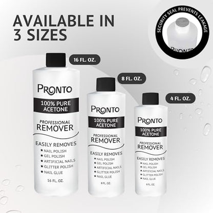 Pronto 100% Acetone Gel Nail Polish Remover - Polish Remover for Nails | Acetone Nail Polish Remover & Acrylic Nail Remover for Removal of Glue & Dip | Acrylic Nail Remover, 8 Fl oz 2 pack