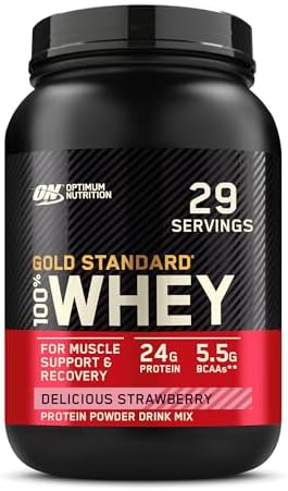 Optimum Nutrition Gold Standard 100% Whey Protein Powder, Delicious Strawberry, 2 Pound (Packaging May Vary)