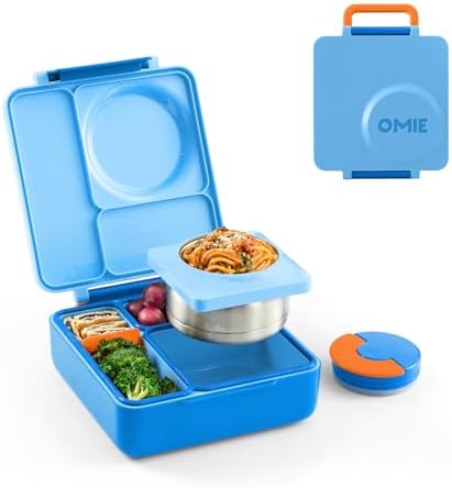 OmieBox Bento Box for Kids - Insulated Bento Lunch Box with Leak Proof Vacuum Insulated Food Jar - 3 Compartments, Two Temperature Zones (Blue Sky)