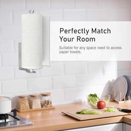 SetSail Paper Towel Holder, 2 Packs Single Hand Operable Paper Towel Holder Under Cabinet with Adjustable Damper Easy Tear Wall Mount Self-Adhesive or Drilled for Kitchen Bathroom, Silver