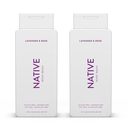 Native Body Wash Contains Naturally Derived Ingredients | For Women & Men, Sulfate, Paraben, & Dye Free Leaving Skin Soft and Hydrated | Lavender & Rose 18 oz - 2 Pk