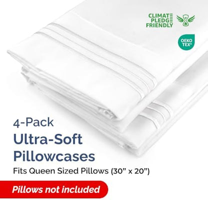 Queen Pillow Cases Set of 4 - Ultra Soft Hotel Quality Pillowcase Covers - Comfy, Cozy & Wrinkle Free - Shrinkage, Stain and Fade Resistant - Machine Washable Pillow Protectors - 4 Piece Set - White