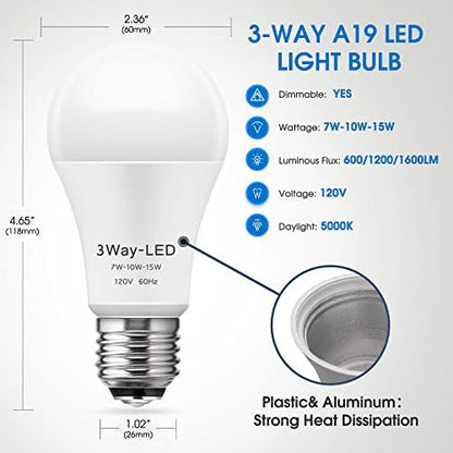 Briignite LED Light Bulbs, 𝟑𝐖𝐚𝐲 𝐋𝐄𝐃 𝐋𝐢𝐠𝐡𝐭 𝐁𝐮𝐥𝐛𝐬 50 100 150W Equivalent, Three Way A19 Light Bulbs E26 Medium Base, Daylight White 5000K, 500lm-1000lm-1500lm, 2Pack