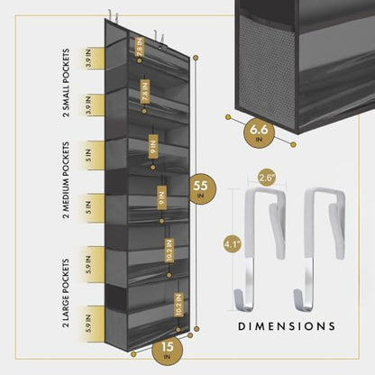 HOMELUX THEORY 1PC Heavy Duty Over the Door Organizer 55x14x6.7, 6 Large Front & 12 Side Pockets, Hanging Storage Closet Door Organizer for Bedroom, Bathroom and Baby Nursery Storage (Dark Gray)