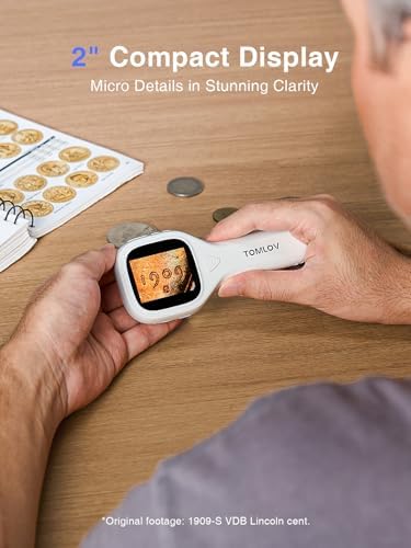 TOMLOV P10 Evo Handheld Close-Up Coin Microscope with 2" IPS Screen: 20X LED Lighted Trichome Magnifier for Adults, Portable Jewelers Loupe, STEM Kids Microscope, Windows/macOS Compatible, White