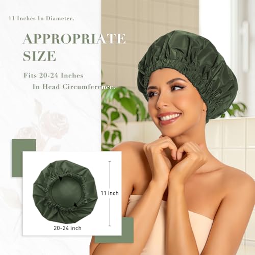 Reusable Shower Cap for Women, Large Waterproof Shower Essentials Bonnet Washable Elastic Band Bath Hair Wrap Hat for Long Hair, Braids(Green&Purple)