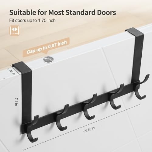 Over The Door Hooks, Door Hanger Hooks for Hanging, Over The Doors Towel Racks for Bathroom with 10 Coat Hook, Coat Rack Bathroom Accessories（2 Pack, Black）