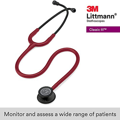 3M Littmann Classic III Monitoring Stethoscope, 5868, More Than 2X as Loud, Weighs Less, Stainless Steel Black-Finish Chestpiece, 27" Burgundy Tube, Black Stem and Headset