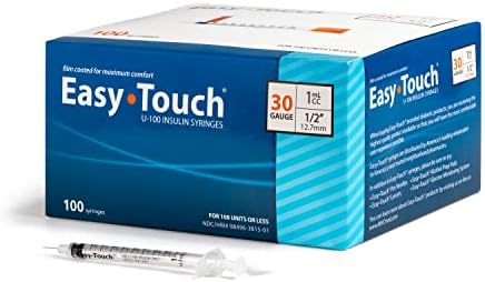 Easy Touch U-100 Insulin Syringe with Needle, 30G 1cc 1/2-Inch (12.7mm), Box of 100