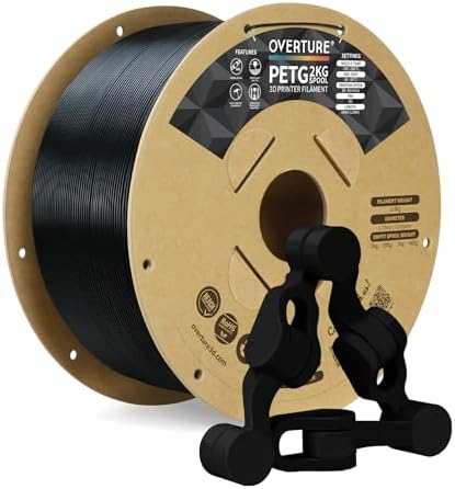 OVERTURE PETG 3D Printer Filament 1.75mm, Neatly Wound Durable PETG 2kg Spool (4.4lbs), Strong Toughness Filament, Dimensional Accuracy +/- 0.02mm, Fit Most FDM Printers (Black 1 Pack)