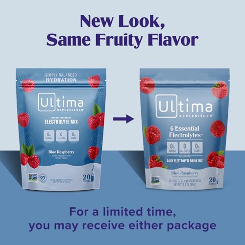 Ultima Replenisher Daily Electrolyte Powder Drink Mix – Sugar Free – Blue Raspberry, 20 Stickpacks – Hydration Packets with 6 Electrolytes and Trace Minerals – Keto Friendly, Vegan, Non-GMO