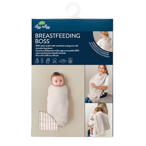 Itzy Ritzy Breastfeeding Boss Multi-Use Cover – A Nursing Cover, Swaddle, Car Seat Cover, Tummy Time Mat & Burp Cloth All in One – Made of Soft Muslin Fabric & Measures 47” x 47” (Taupe Stripe)