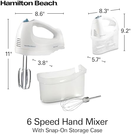 Hamilton Beach 6-Speed Electric Hand Mixer with Whisk, Traditional Beaters, Snap-On Storage Case, 250 Watts, White