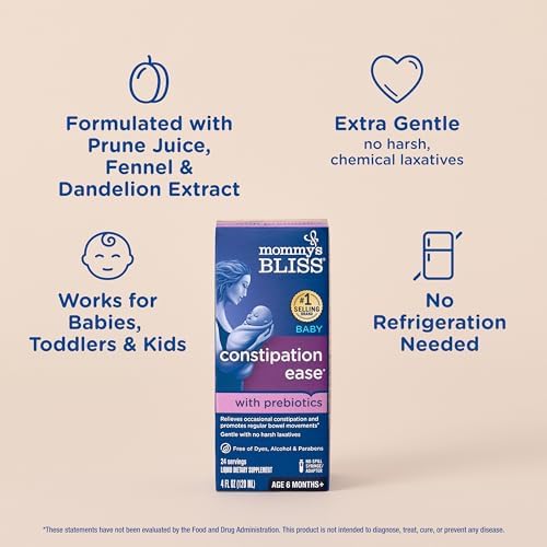 Mommy's Bliss Constipation Ease with Prebiotics, Promotes Bowel Movements, Gentle & Safe, No Harsh Laxatives, Age 6 Months+, 4 Fl Oz (Pack of 2)