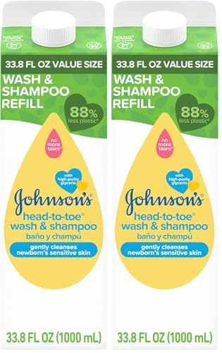 Johnson's Head-To-Toe Gentle Body Wash & Shampoo for Baby's Sensitive Skin & Hair, Tear-Free, Sulfate-Free & Hypoallergenic, Value Size Refill, 33.8 fl. oz (Pack of 2)