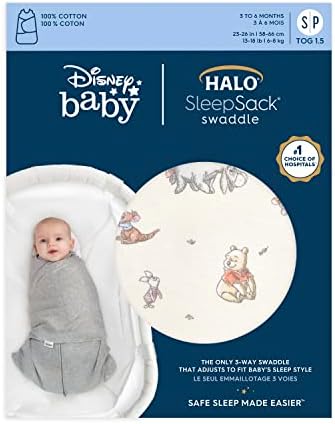 HALO Disney Baby 100% Cotton Sleepsack Swaddle, 3-Way Adjustable Wearable Blanket, TOG 1.5, Winnie Frolic, Newborn, 0-3 Months