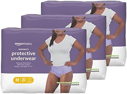 Amazon Basics Incontinence Underwear for Women, Protective, Disposable, Postpartum, Maximum Absorbency, Medium, Lavender, 60 Count (3 Packs of 20)
