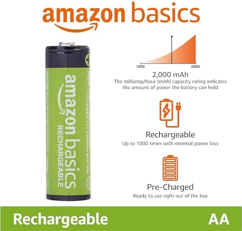 Amazon Basics 24-Pack Rechargeable AA NiMH Batteries, 2000 mAh, 1.2V, Recharge up to 1000x Times, Pre-Charged