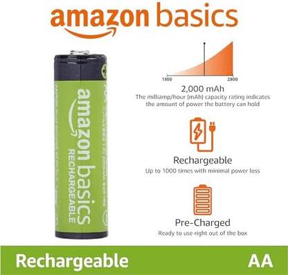 Amazon Basics 24-Pack Rechargeable AA NiMH Batteries, 2000 mAh, 1.2V, Recharge up to 1000x Times, Pre-Charged