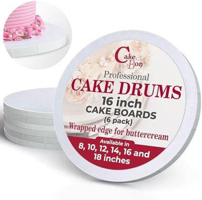 Cakebon Cake Boards - Sturdy 1/2 Thick Drums - 16 Inch Professional Fully Wrapped Edges White 3-Pack