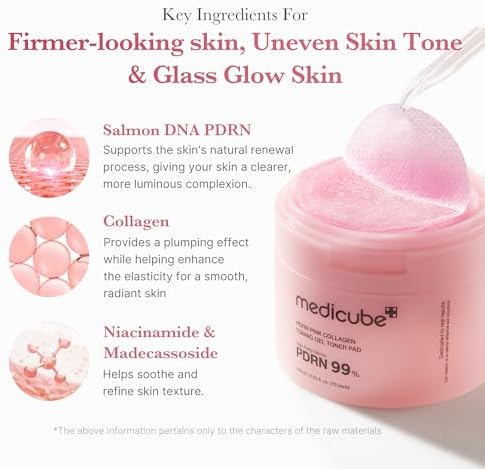 medicube Salmon DNA PDRN Pink Collagen Jelly Pad | Korean Gel Toner Pads with Niacinamide, Madecassoside, Retinol | Soothing, Radiance & Uneven Skin Tone | Korean Skin Care | 70Pads