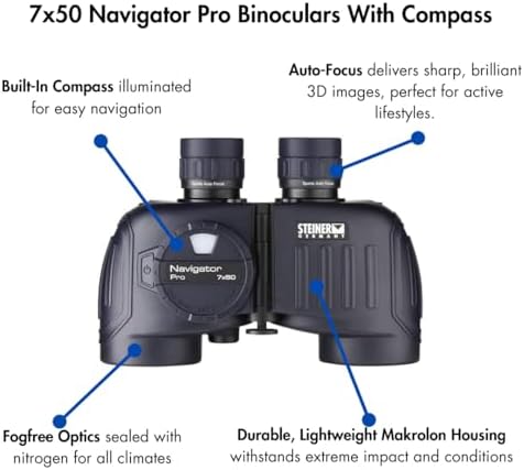 Steiner 7x50 Navigator Pro Binoculars with 7X Magnification, High Contrast Optics, Floating Prism System, Sports-Auto Focus, Delivers Excellent Image Clarity, with Compass
