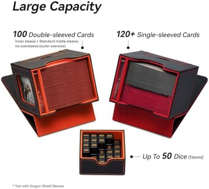 Card Deck Box for MTG Commander - Patented Design, Commander Display, Fits 100 Double-Sleeved Cards, 35pt Card Brick & Dice Tray - Grey/Orange