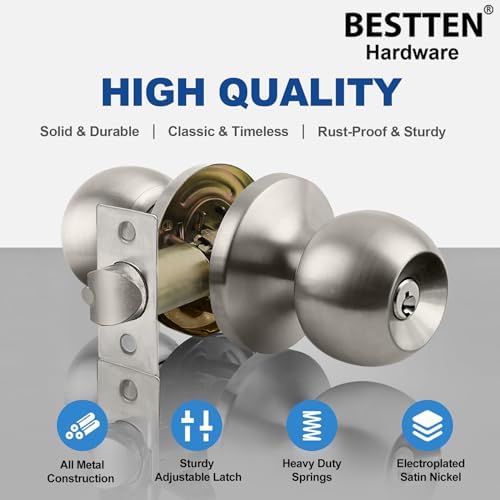 BESTTEN [2 Pack] Entry Door Knob with Lock, Keyed Different Door Lock for Exterior Door and Front Door, Standard Ball, Satin Nickel