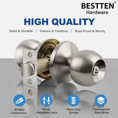 BESTTEN [2 Pack] Entry Door Knob with Lock, Keyed Different Door Lock for Exterior Door and Front Door, Standard Ball, Satin Nickel