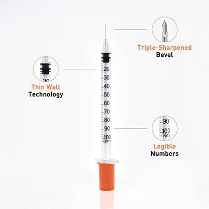 U-100 1cc 30g 5/16 In (8mm) Syringe with Needle, Individually Wrapped, Pack of 100