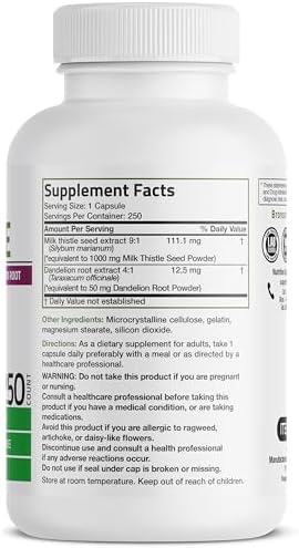 Bronson Milk Thistle Silymarin Marianum & Dandelion Root Liver Health Support, Antioxidant Support, Detox, 250 Capsules