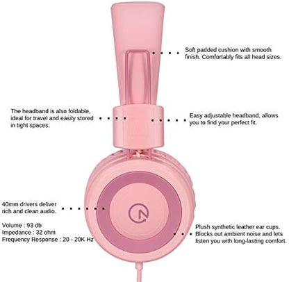 noot products Kids Headphones K11 Foldable Stereo Tangle-Free 5ft Long Cord 3.5mm Jack Plug in Wired On-Ear Headset for iPad/Girls/Boys/School/Laptop/Travel/Plane/Tablet-Soft Pink