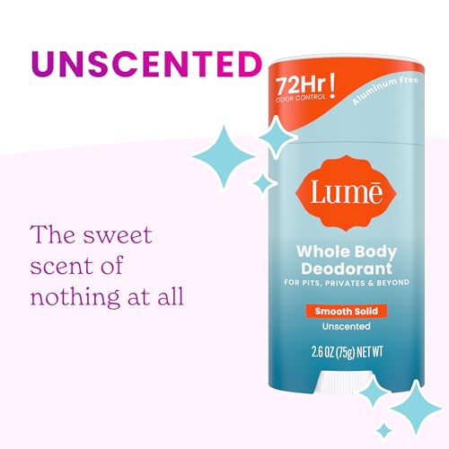 Lume Whole Body Deodorant - Smooth Solid Stick - 72 Hour Odor Control - Aluminum Free, Baking Soda Free and Skin Safe - 2.6 Ounce (Pack of 2) (Unscented)