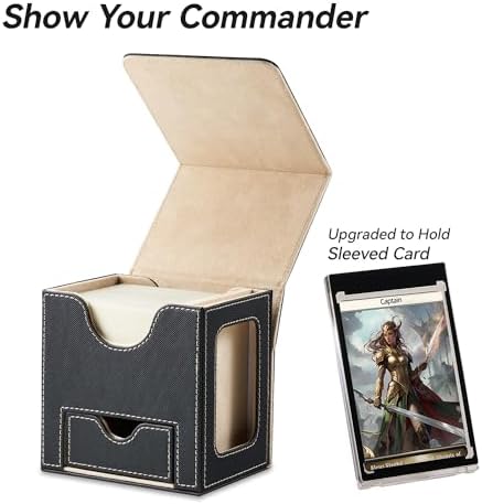 Card Deck Box for MTG Commander - Patented Design, Commander Display, Fits 100 Double-Sleeved Cards, 35pt Card Brick & Dice Tray - Black/Pale Gold