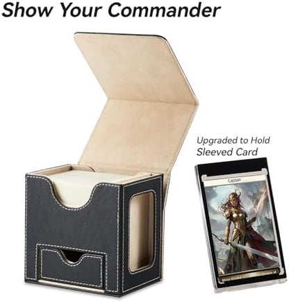 Card Deck Box for MTG Commander - Patented Design, Commander Display, Fits 100 Double-Sleeved Cards, 35pt Card Brick & Dice Tray - Black/Pale Gold
