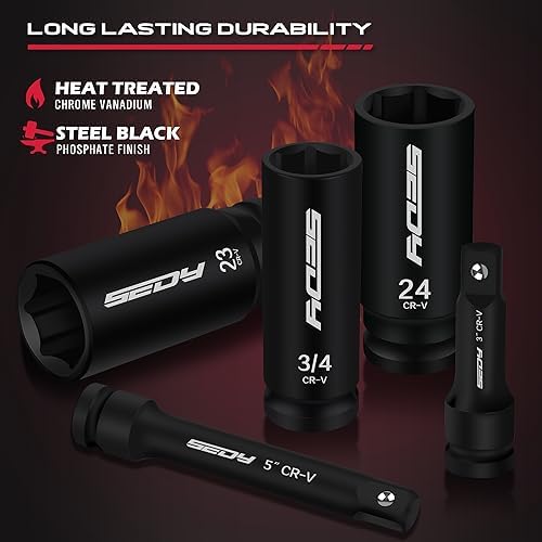 29-Piece 1/2" Drive Impact Socket Set, SAE (3/8 to 1 inch) and Metric (10-24mm) Sizes with Extension Bars Standard Deep Socket Set CR-V Material High Durability Impact Wrench