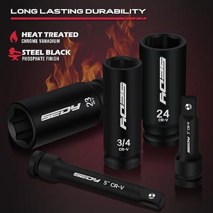 29-Piece 1/2" Drive Impact Socket Set, SAE (3/8 to 1 inch) and Metric (10-24mm) Sizes with Extension Bars Standard Deep Socket Set CR-V Material High Durability Impact Wrench