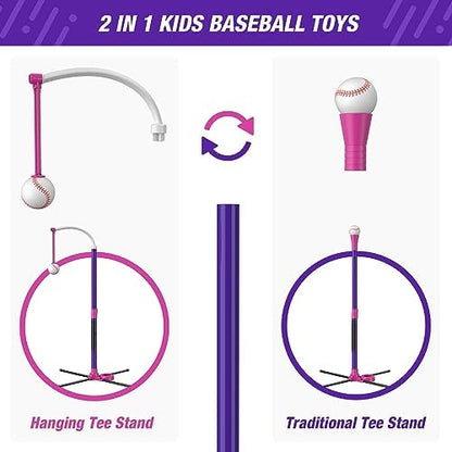 4 in 1 T Ball Sets for Kids 3-5 with Toss and Catch Ball Set, Hanging Tee Stand with Auto Pitching Machine/ 2 Bats, Indoor Outdoor Toys Baseball Gifts for Toddler Boys Girls, Purple