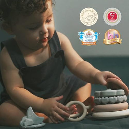 Moonkie Stacks of Circles Soft Teething Toy | Educational Learning Baby Toy | Stacking Ring Toys for Babies Boy and Girl | 7 Piece Teethers Set (Nature)