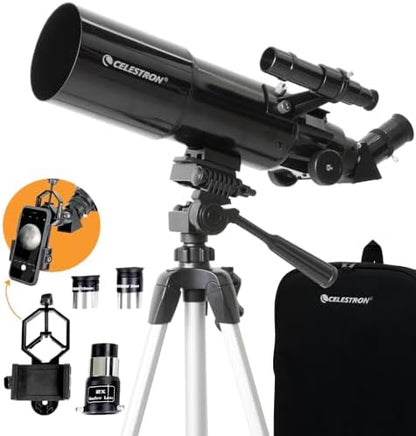 Celestron Travel Scope 80 Portable Refractor Telescope – 80mm Aperture, Fully-Coated Glass Optics – Includes Tripod, Smartphone Adapter, Backpack & Software – Ideal for Beginners & Travel