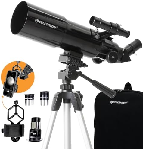 Celestron Travel Scope 80 Portable Refractor Telescope – 80mm Aperture, Fully-Coated Glass Optics – Includes Tripod, Smartphone Adapter, Backpack & Software – Ideal for Beginners & Travel