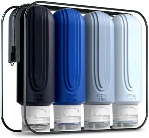 Travel Bottles for Toiletries, Large 6oz Oversize Containers, BPA Free Leak Proof Tubs Refillable Liquid Traveler Accessories with Toiletry Bag for Cometic Shampoo and Lotion Soap (4 Pack)