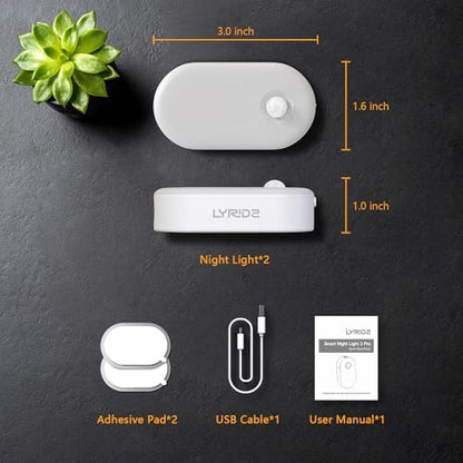 Lyridz Rechargeable Battery Night Light with Motion Sensor, Portable Mini Warm White LED Stick-on Closet Light, Adjustable Brightness for Bathroom, Bedroom, Kitchen, Cabinet, Stairs, Hallway, 2-Pack